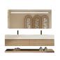 Preview: Muxing Thermogeformtes Doppel-Wand-Waschbecken-Set, Travertine look, mit Spiegel, Unterschrank, Ablage & Ablauf, mit Armaturenloch 130×55 cm【RW4822-130 K】