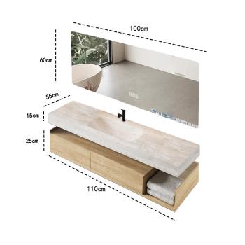 MuXing Wandhängendes Badezimmermöbel-Set mit Waschbecken, Sinterstein, LED-Spiegel, Schubladenschrank und Abflussgarnitur 【RWR208】