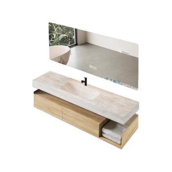 MuXing Wandhängendes Badezimmermöbel-Set mit Waschbecken, Sinterstein, LED-Spiegel, Schubladenschrank und Abflussgarnitur 【RWR208】
