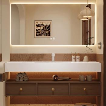 Muxing Elegantes Badezimmer-Set – Weißes Sinterstein-Waschbecken mit braunem Schrank, LED-Antibeschlagspiegel & 3 geräumige Schubladen【C805】【YTC805】
