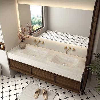 Muxing Waschbecken aus Sinterstein Waschbecken Doppelspüle Spüle mit zwei Becken Waschtisch-Set mit LED-Spiegel und Schränk【RW3318 BKK】