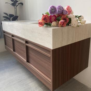 Muxing Waschbecken aus Sinterstein Waschbecken Doppelspüle Spüle mit zwei Becken Waschtisch-Set mit LED-Spiegel und Schränk【RW3318 BKK】