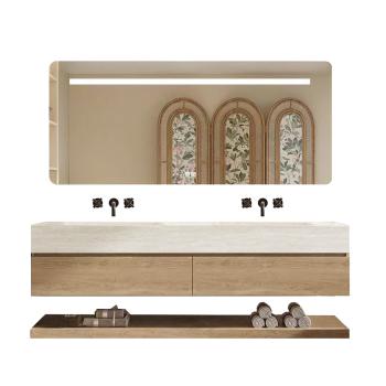 Muxing Thermogeformtes Doppel-Wand-Waschbecken-Set, Travertine look, mit Spiegel, Unterschrank, Ablage & Ablauf, ohne Armaturenloch【RW4822-BKK】