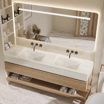 Muxing Thermogeformtes Doppel-Wand-Waschbecken-Set, Travertine look, mit Spiegel, Unterschrank, Ablage & Ablauf, ohne Armaturenloch【RW4822-BKK】