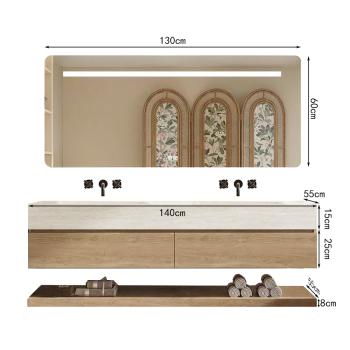 Muxing Thermogeformtes Doppel-Wand-Waschbecken-Set, Travertine look, mit Spiegel, Unterschrank, Ablage & Ablauf, ohne Armaturenloch【RW4822-BKK】
