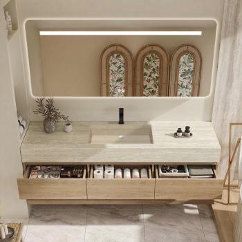 Preview: MuXing Wandhängendes Waschbecken-Set - Sinterstein - Travertine look, mit Spiegel, Unterschrank, Ablage & Ablauf, mit Armaturenloch 120×55 cm【YT9865-K】