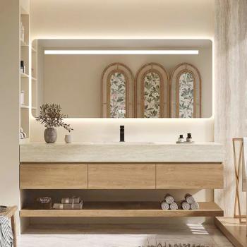 Preview: MuXing Wandhängendes Waschbecken-Set - Sinterstein - Travertine look, mit Spiegel, Unterschrank, Ablage & Ablauf, mit Armaturenloch 120×55 cm【YT9865-K】