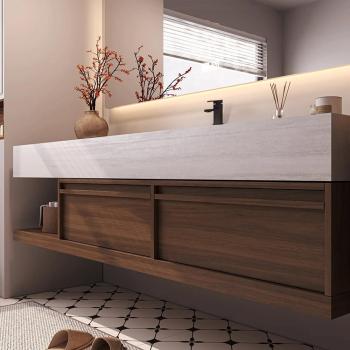 Preview: Muxing Möbel-Waschbecken - Sinterstein - Waschtischmöbel, Waschbecken mit Unterschrank, Wandspiegel, Spüle mit Armaturenloch【RW016 K】