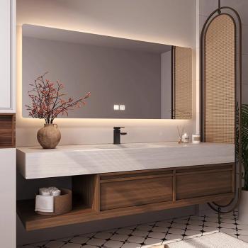 Preview: Muxing Möbel-Waschbecken - Sinterstein - Waschtischmöbel, Waschbecken mit Unterschrank, Wandspiegel, Spüle mit Armaturenloch【RW016 K】