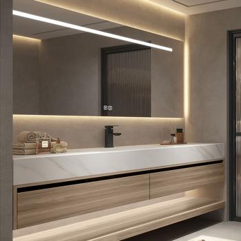 Preview: Muxing Waschbecken weiß Arbeitsplatte Holzmaserung Unterschrank Set mit Spiegel【RW3256】