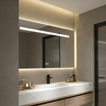 Preview: Muxing Waschbecken weiß Arbeitsplatte Holzmaserung Unterschrank Set mit Spiegel【RW3256】