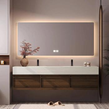 Preview: Muxing Waschbecken aus Sinterstein Waschbecken Doppelspüle Spüle mit zwei Becken Waschtisch-Set mit LED-Spiegel und Schränk【RW3318】