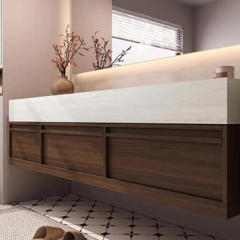 Preview: Muxing Waschbecken aus Sinterstein Waschbecken Doppelspüle Spüle mit zwei Becken Waschtisch-Set mit LED-Spiegel und Schränk【RW3318】