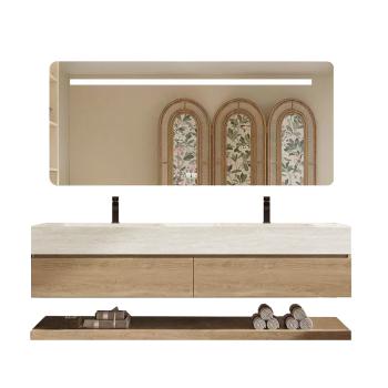 Muxing Thermogeformtes Doppel-Wand-Waschbecken-Set, Travertine look, mit Spiegel, Unterschrank, Ablage & Ablauf, mit Armaturenloch 130×55 cm【RW4822-130 K】