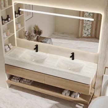 Muxing Thermogeformtes Doppel-Wand-Waschbecken-Set, Travertine look, mit Spiegel, Unterschrank, Ablage & Ablauf, mit Armaturenloch 130×55 cm【RW4822-130 K】