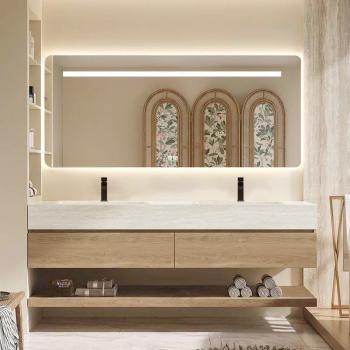 Preview: Muxing Thermogeformtes Doppel-Wand-Waschbecken-Set, Travertine look, mit Spiegel, Unterschrank, Ablage & Ablauf, mit Armaturenloch 130×55 cm【RW4822-130 K】