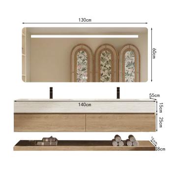 Muxing Thermogeformtes Doppel-Wand-Waschbecken-Set, Travertine look, mit Spiegel, Unterschrank, Ablage & Ablauf, mit Armaturenloch 130×55 cm【RW4822-130 K】