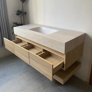 Muxing Wandhängendes Waschbecken-Set - Sinterstein - Travertine look, mit Spiegel, Unterschrank, Ablage & Ablauf, mit Armaturenloch【RW9865-K】