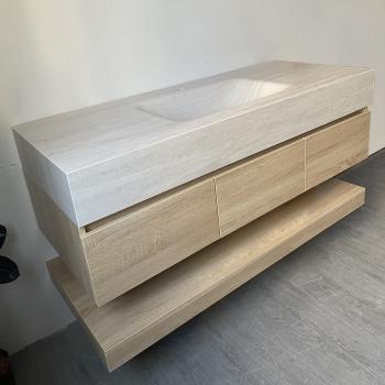 Muxing Wandhängendes Waschbecken-Set - Sinterstein - Travertine look, mit Spiegel, Unterschrank, Ablage & Ablauf, mit Armaturenloch【RW9865-K】