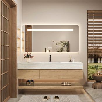 Muxing Wandhängendes Waschbecken-Set - Sinterstein - Travertine look, mit Spiegel, Unterschrank, Ablage & Ablauf, mit Armaturenloch【RW9865-K】