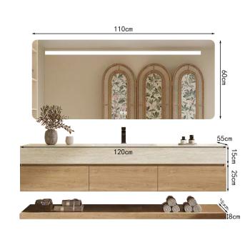 Muxing Wandhängendes Waschbecken-Set - Sinterstein - Travertine look, mit Spiegel, Unterschrank, Ablage & Ablauf, mit Armaturenloch【RW9865-K】