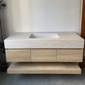 Muxing Wandhängendes Waschbecken-Set - Sinterstein - Travertine look, mit Spiegel, Unterschrank, Ablage & Ablauf, mit Armaturenloch【RW9865-K】