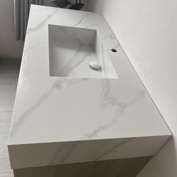 Muxing Waschbecken weiß Arbeitsplatte Holzmaserung Unterschrank Set mit Spiegel【YT-3256】