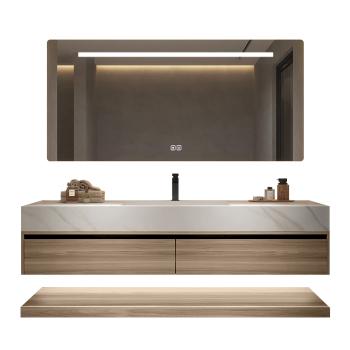 Muxing Waschbecken weiß Arbeitsplatte Holzmaserung Unterschrank Set mit Spiegel【YT-3256】