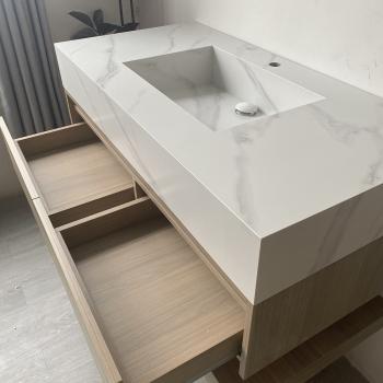 Muxing Waschbecken weiß Arbeitsplatte Holzmaserung Unterschrank Set mit Spiegel【YT-3256】