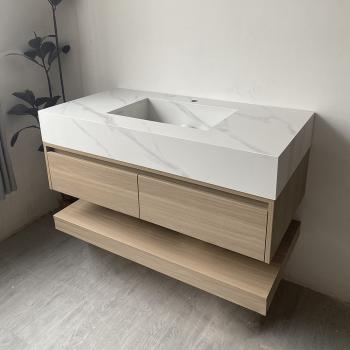 Muxing Waschbecken weiß Arbeitsplatte Holzmaserung Unterschrank Set mit Spiegel【YT-3256】