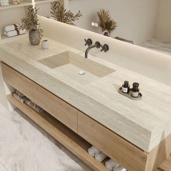 Preview: Muxing Wandhängendes Waschbecken-Set - Sinterstein - Travertine look,mit Spiegel, Unterschrank, Ablage & Ablauf, ohne Armaturenloch 120×55 cm【YT9865-BKK】