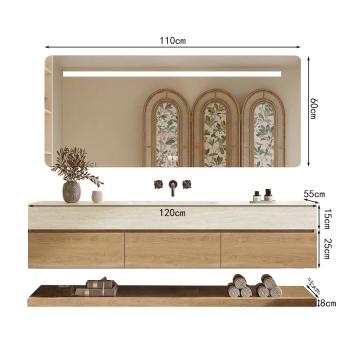 Muxing Wandhängendes Waschbecken-Set - Sinterstein - Travertine look,mit Spiegel, Unterschrank, Ablage & Ablauf, ohne Armaturenloch 120×55 cm【YT9865-BKK】