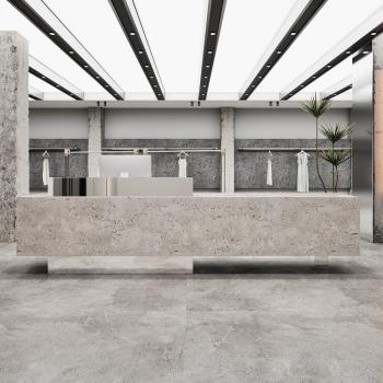 Muxing Theke, kommerzieller Empfangstresen, Metallstruktur, graue Steinoptik-Oberfläche, geeignet für Café, Geschäft, Empfang【DLSA】