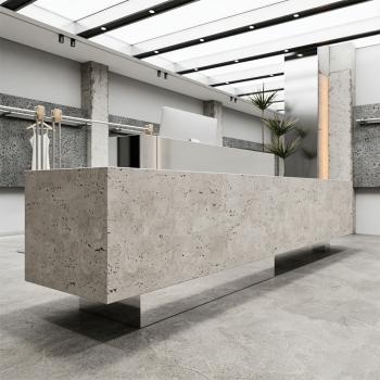 Muxing Theke, kommerzieller Empfangstresen, Metallstruktur, graue Steinoptik-Oberfläche, geeignet für Café, Geschäft, Empfang【DLSA】