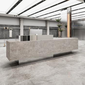 Preview: Muxing Theke, kommerzieller Empfangstresen, Metallstruktur, graue Steinoptik-Oberfläche, geeignet für Café, Geschäft, Empfang【DLSA】