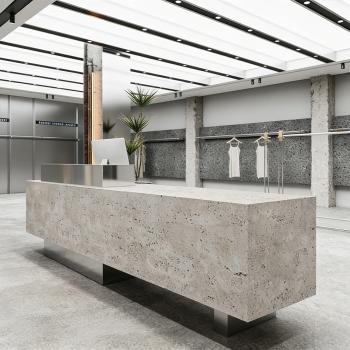 Preview: Muxing Theke, kommerzieller Empfangstresen, Metallstruktur, graue Steinoptik-Oberfläche, geeignet für Café, Geschäft, Empfang【DLSA】