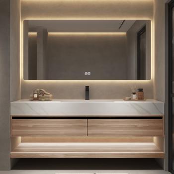 Preview: Muxing Waschbecken Holzmaserung Unterschrank aus Keramik Weiß Arbeitsplatte Set Spiegel