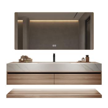 Muxing Waschbecken Holzmaserung Unterschrank aus Keramik Weiß Arbeitsplatte Set Spiegel