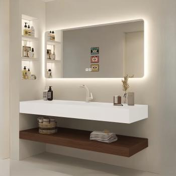 Preview: Muxing Waschbecken aus Keramik Modernes Waschbecken Badezimmer Hänge Waschbecken mit LED Spiegel, Ablage 【C025】