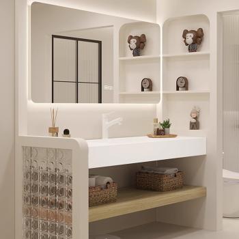 Preview: MuXing Waschbecken Set – Keramik-Waschbecken, LED-Spiegel mit Anti-Beschlag, wandhängend, mit Stauraumregal【C458】