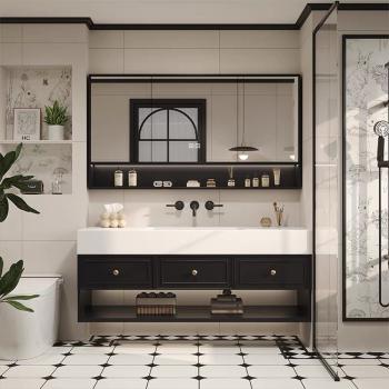 Preview: Muxing Badezimmermöbel-Set Keramik Waschbecken LED-Spiegelschrank Waschbecken mit Schublade und Ablage【CK30】