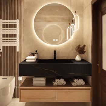 Muxing Waschbecken Badezimmermöbel-Set Keramik Waschbecken Hänge Waschbecken mit LED Spiegel und Schublade【HT72】