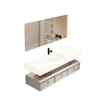 MuXing Badezimmer-Set, weißes thermogeformtes Waschbecken, LED-Spiegel, Schubladenschrank, inkl. Abflussgarnitur, wandhängendes Möbel【R255】