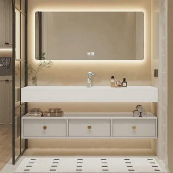 MuXing Badezimmer-Set, weißes thermogeformtes Waschbecken, LED-Spiegel, Schubladenschrank, inkl. Abflussgarnitur, wandhängendes Möbel【R255】