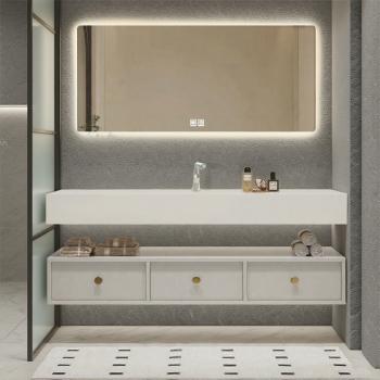 Preview: MuXing Badezimmer-Set, weißes thermogeformtes Waschbecken, LED-Spiegel, Schubladenschrank, inkl. Abflussgarnitur, wandhängendes Möbel【R255】