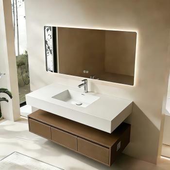 Muxing Integriertes Waschbecken aus Sinterstein-Keramik, Wandwaschbecken mit Hahnloch, Badezimmerschrank mit Schublade und LED-Spiegel 120*55cm 【YBTC383】