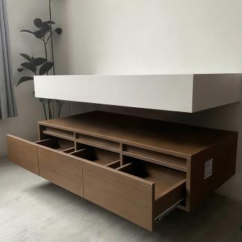 Muxing Integriertes Waschbecken aus Sinterstein-Keramik, Wandwaschbecken mit Hahnloch, Badezimmerschrank mit Schublade und LED-Spiegel 120*55cm 【YBTC383】