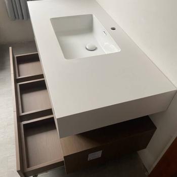 Muxing Integriertes Waschbecken aus Sinterstein-Keramik, Wandwaschbecken mit Hahnloch, Badezimmerschrank mit Schublade und LED-Spiegel 120*55cm 【YBTC383】