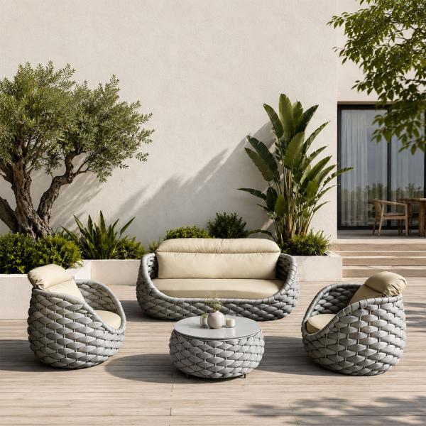 Muxing Gartenlounge Set 4-teilig mit 2 Einzelsesseln, Dreisitzer-Sofa und Couchtisch, Wasserabweisend, Ideal für Garten, Terrasse und Hof