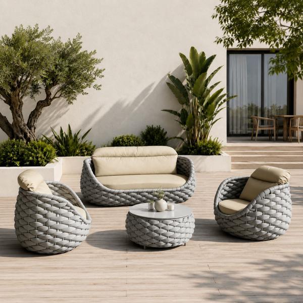 Muxing Gartenlounge Set 4-teilig mit 2 Einzelsesseln, Dreisitzer-Sofa und Couchtisch, Wasserabweisend, Ideal für Garten, Terrasse und Hof